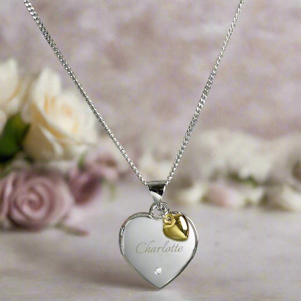 Personalised Sterling Silver Heart Locket Necklace with Diamond and 9ct Gold Charm