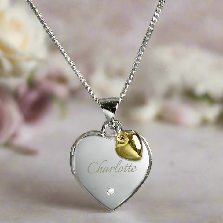 Personalised Sterling Silver Heart Locket Necklace with Diamond and 9ct Gold Charm
