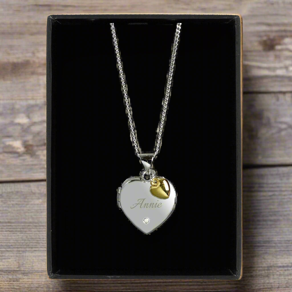 Personalised Sterling Silver Heart Locket Necklace with Diamond and 9ct Gold Charm