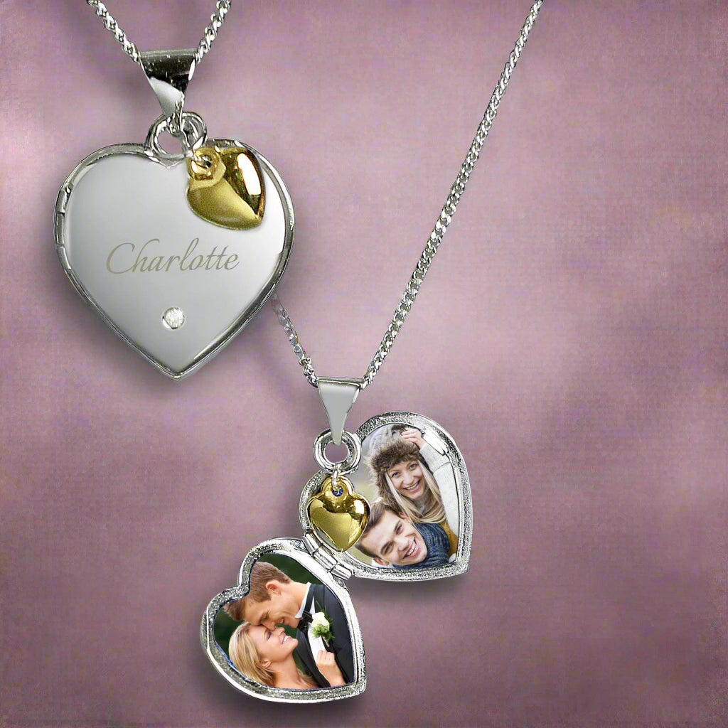 Personalised Sterling Silver Heart Locket Necklace with Diamond and 9ct Gold Charm
