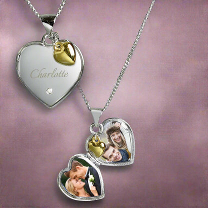 Personalised Sterling Silver Heart Locket Necklace with Diamond and 9ct Gold Charm