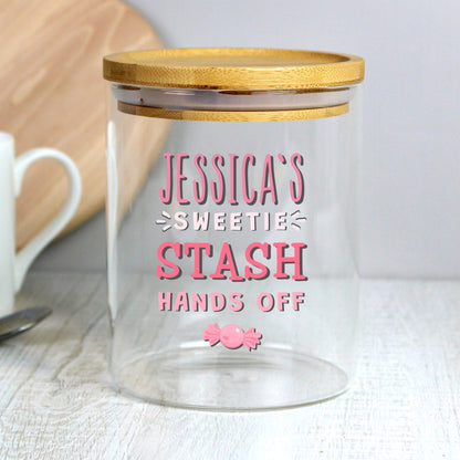 Personalised Sweetie Stash Glass Storage Jar with Bamboo Lid