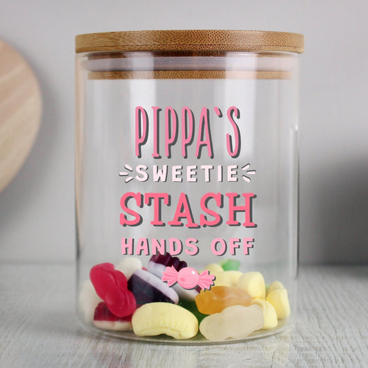 Personalised Sweetie Stash Glass Storage Jar with Bamboo Lid
