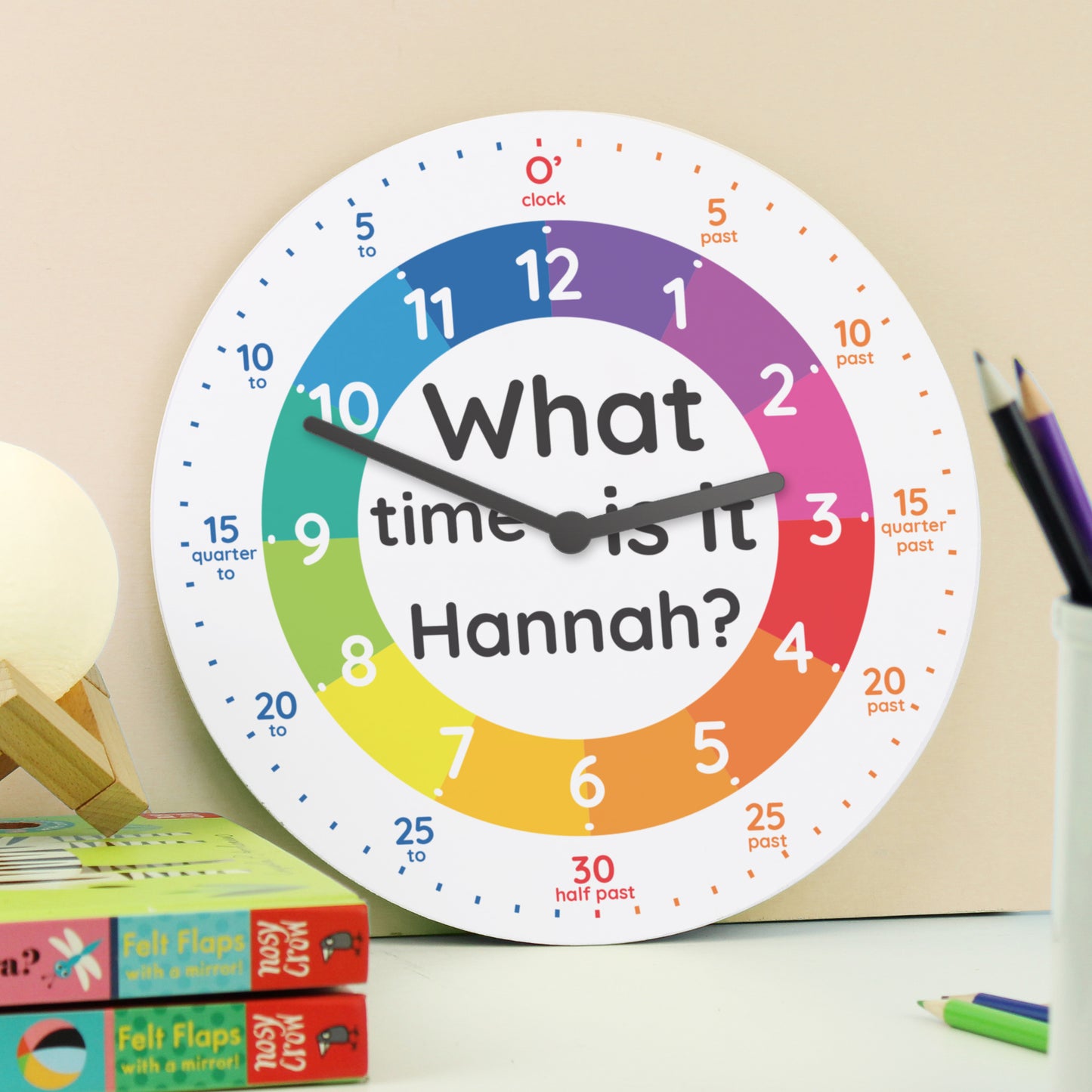 Personalised "What Time Is It?" Colourful Wooden Kids Clock