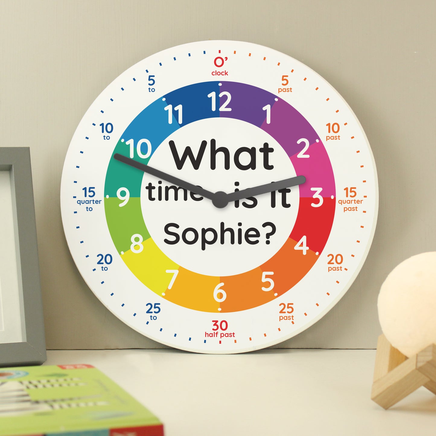 Personalised "What Time Is It?" Colourful Wooden Kids Clock