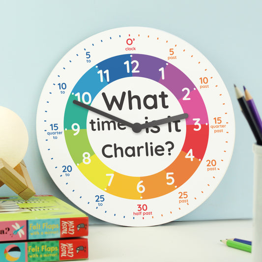 Personalised "What Time Is It?" Colourful Wooden Kids Clock