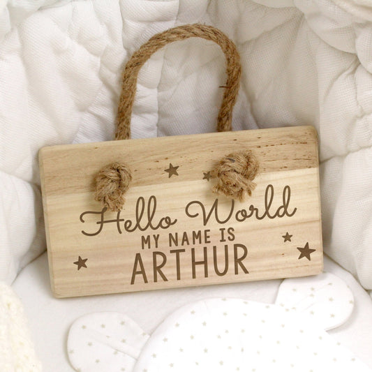 Personalised Wooden Hello World New Baby Nursery Decor Sign
