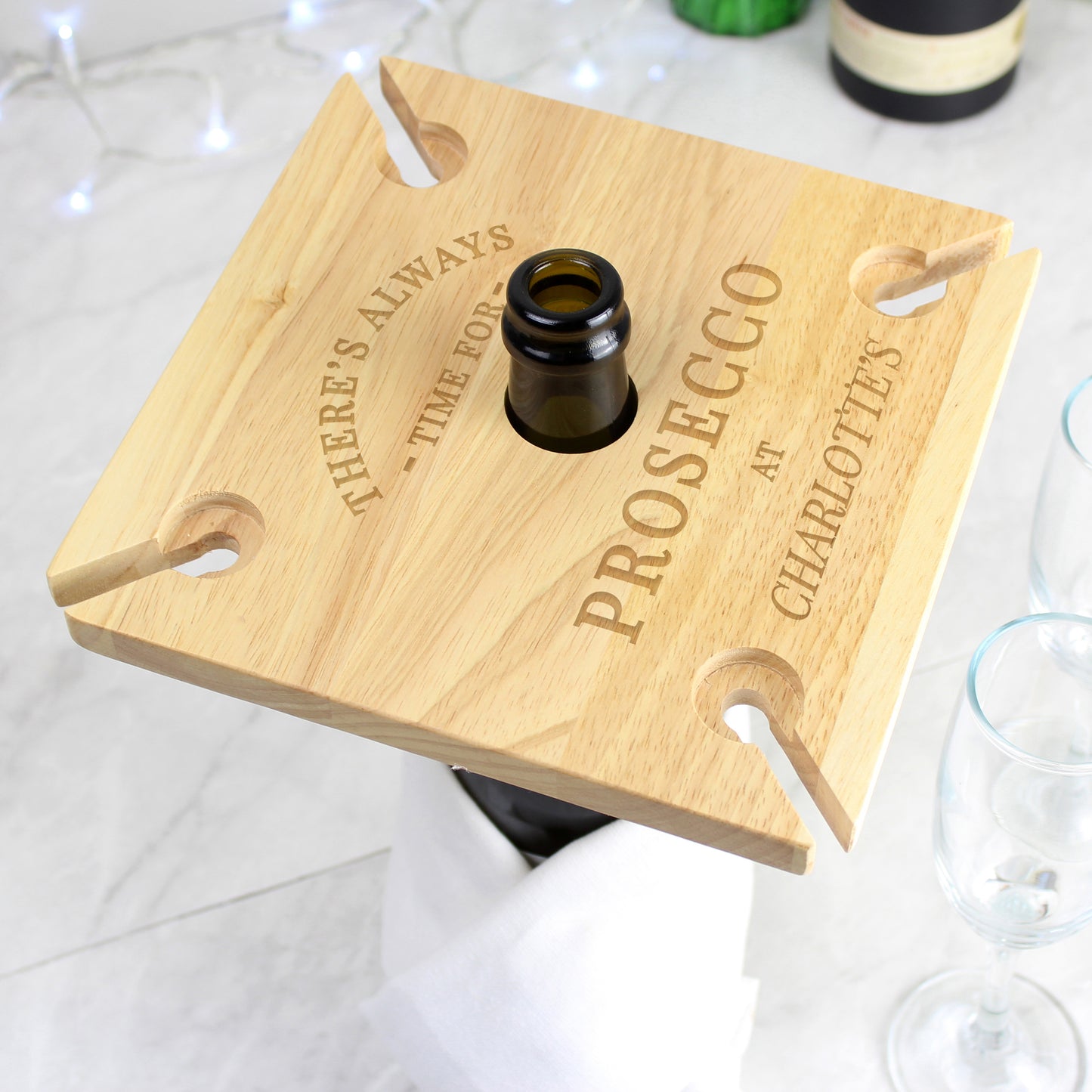 Personalised Wooden Time for Prosecco Four Flute Glass & Bottle Holder