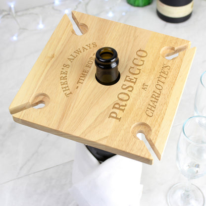 Personalised Wooden Time for Prosecco Four Flute Glass & Bottle Holder