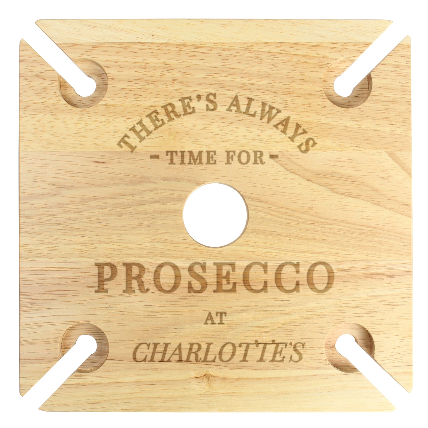 Personalised Wooden Time for Prosecco Four Flute Glass & Bottle Holder