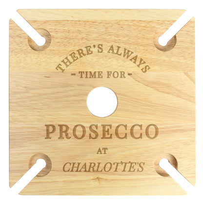 Personalised Wooden Time for Prosecco Four Flute Glass & Bottle Holder
