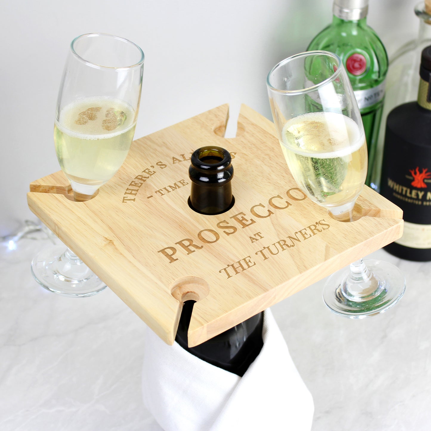 Personalised Wooden Time for Prosecco Four Flute Glass & Bottle Holder