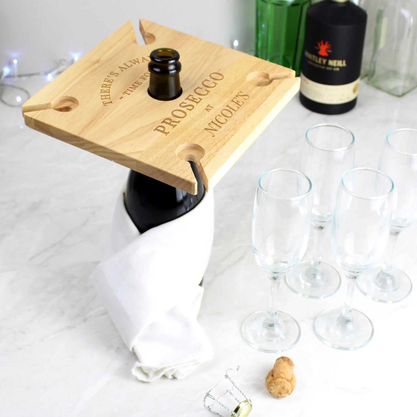 Personalised Wooden Time for Prosecco Four Flute Glass & Bottle Holder