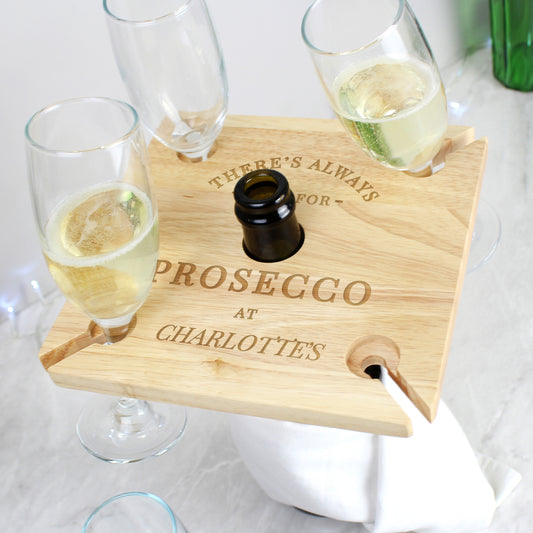 Personalised Wooden Time for Prosecco Four Flute Glass & Bottle Holder