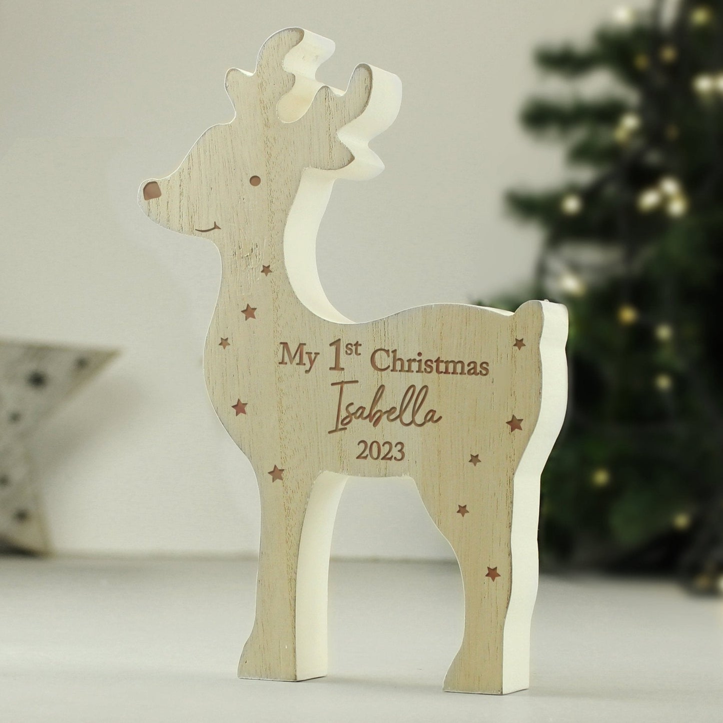 Personalised '1st Christmas' Freestanding Wooden Reindeer Ornament