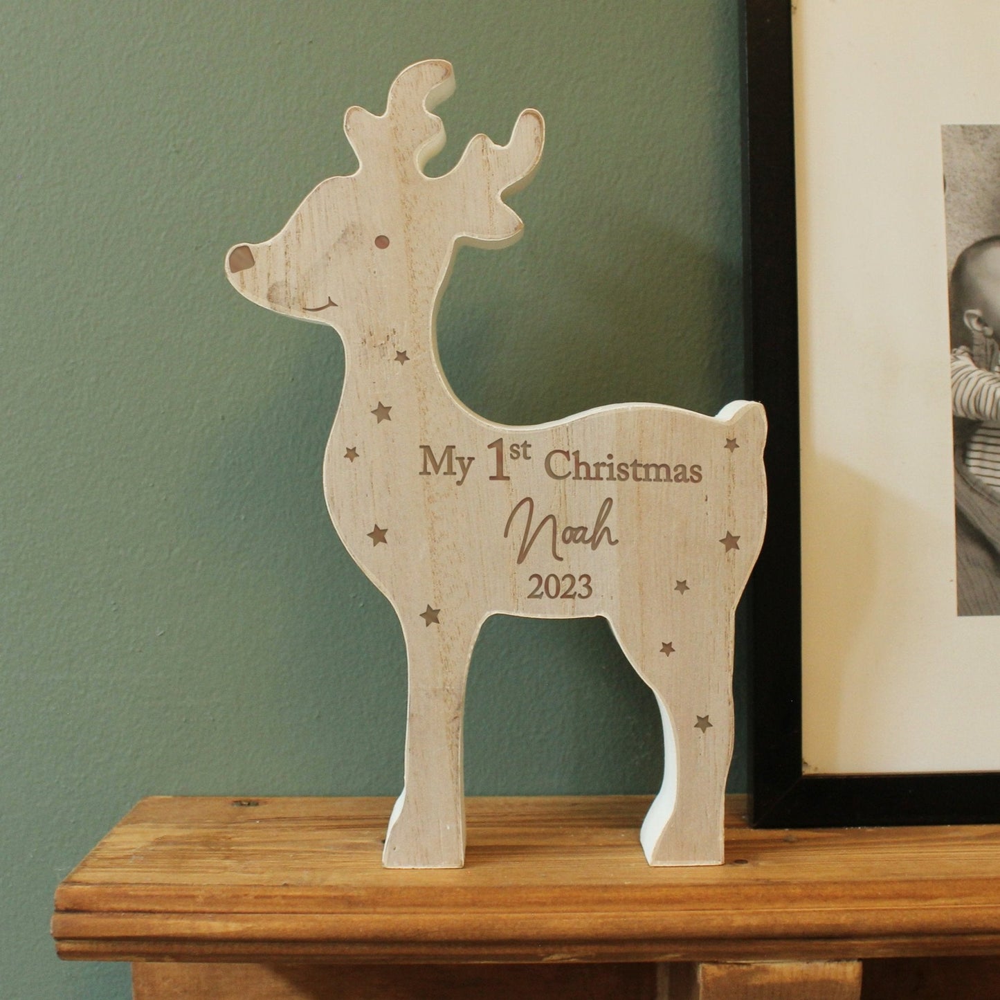 Personalised '1st Christmas' Freestanding Wooden Reindeer Ornament