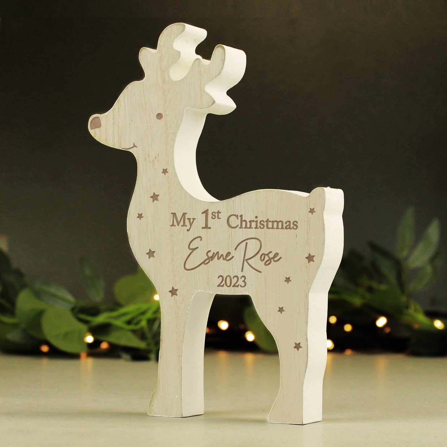 Personalised '1st Christmas' Freestanding Wooden Reindeer Ornament