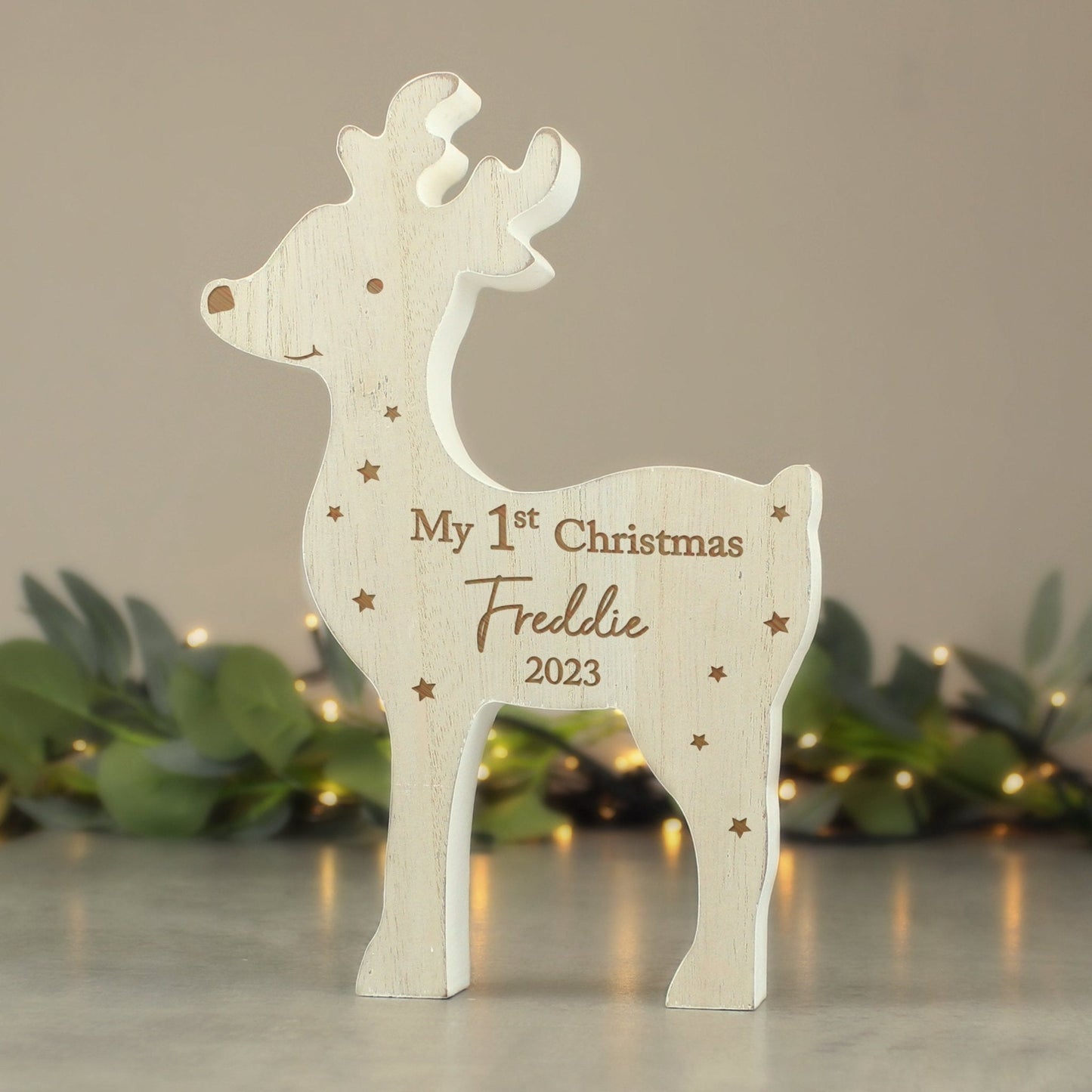 Personalised '1st Christmas' Freestanding Wooden Reindeer Ornament