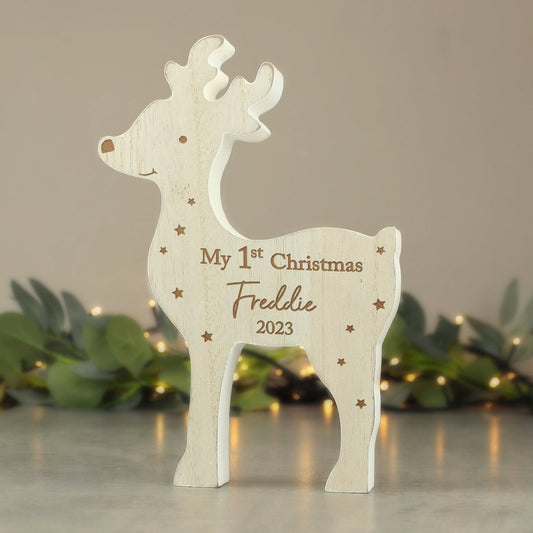 Personalised '1st Christmas' Freestanding Wooden Reindeer Ornament