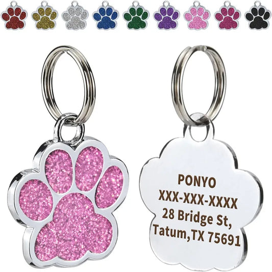 Personalised Pet Dog Cat Paw Shape ID Tags Glitter Bling Collar Tag