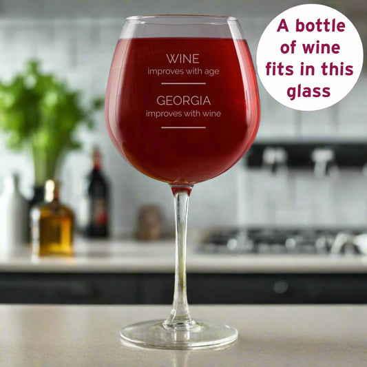 Personalised 'Wine Improves with Age' Large Full Bottle of Wine Glass