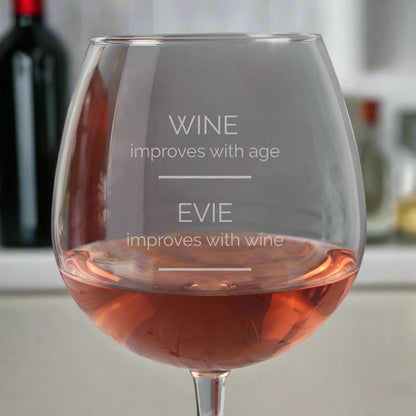 Personalised 'Wine Improves with Age' Large Full Bottle of Wine Glass