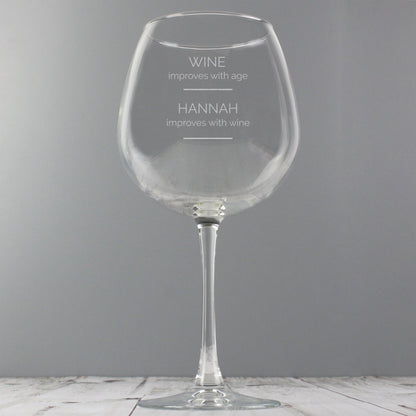 Personalised 'Wine Improves with Age' Large Full Bottle of Wine Glass