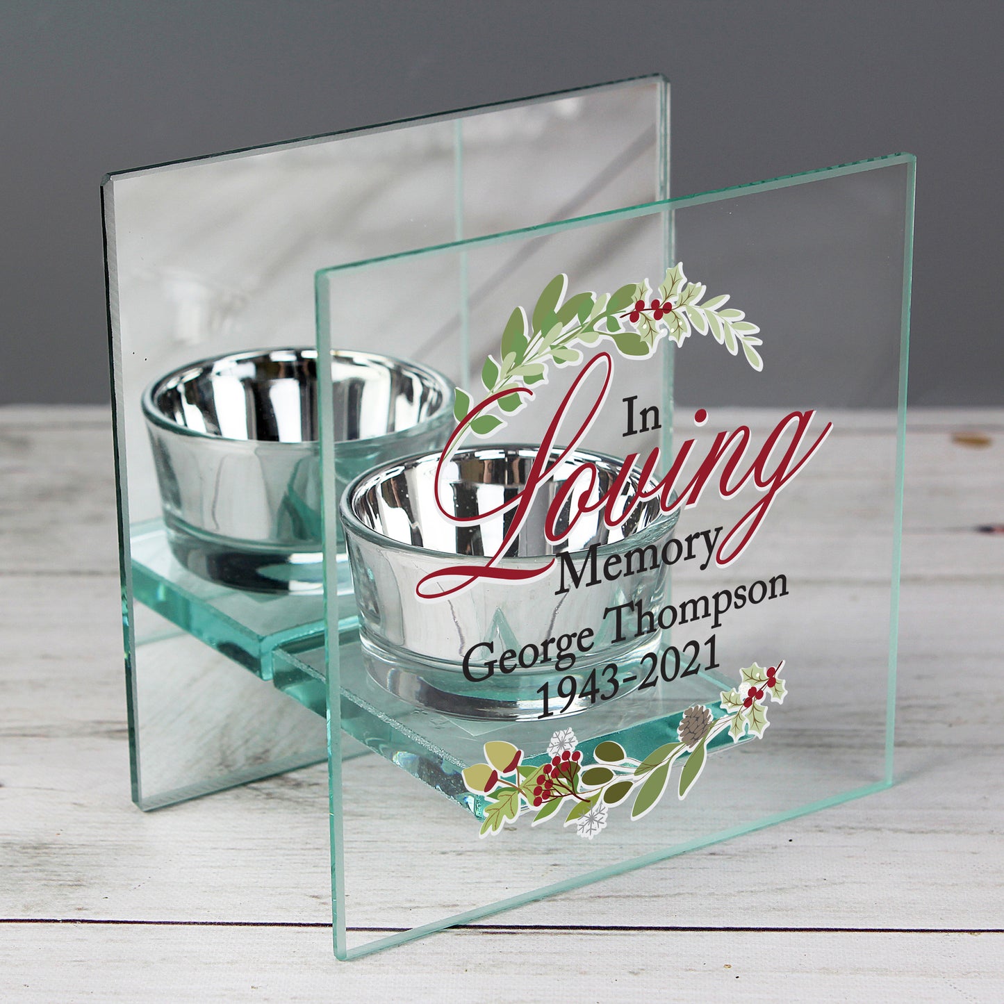 Personalised in Loving Memory Festive Mirrored Glass Tea Light Candle Holder