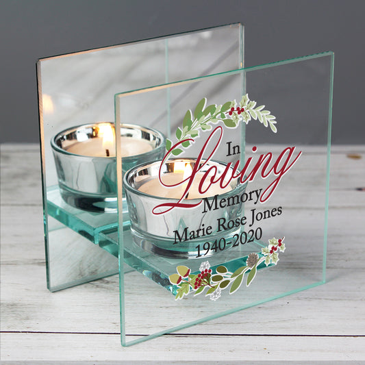 Personalised in Loving Memory Festive Mirrored Glass Tea Light Candle Holder