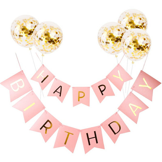 Pink Birthday Banner Bunting with 5 Gold Foil Confetti Balloons