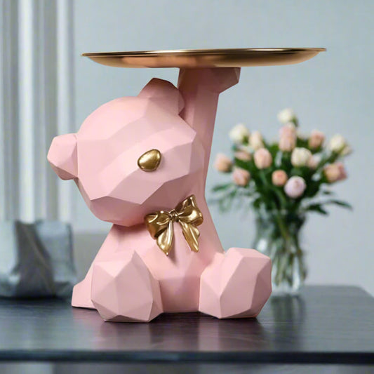 Pink Geometric Bear Figurine with Gold Storage Tray Decorative Ornament