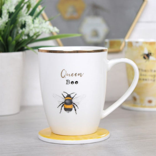 Queen Bee White Ceramic Mug and Yellow Coaster Set