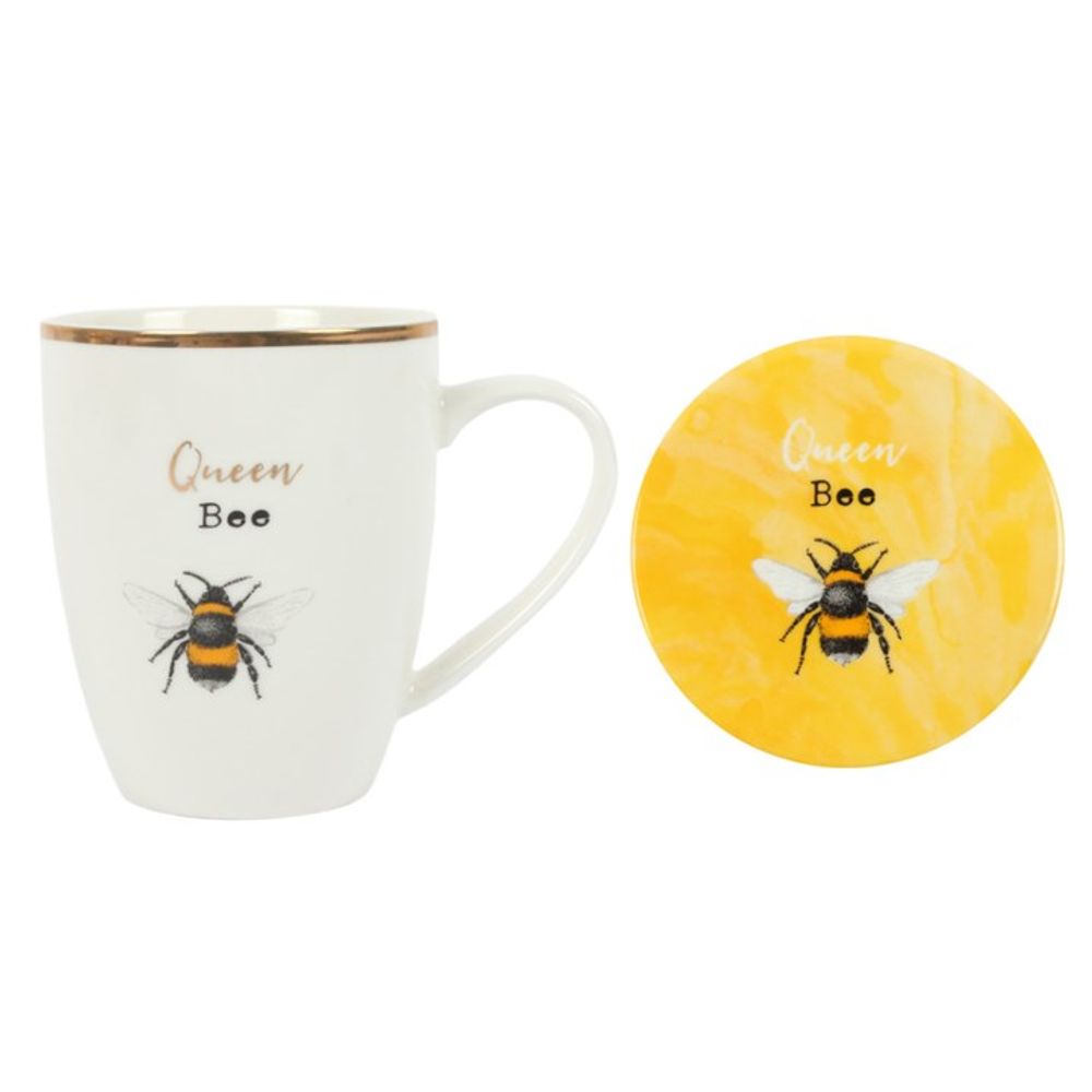 Queen Bee White Ceramic Mug and Yellow Coaster Set