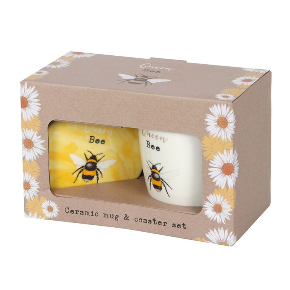 Queen Bee White Ceramic Mug and Yellow Coaster Set