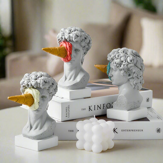 Quirky David Bust Figurine with Ice Cream Funny Art Decoration Sculpture
