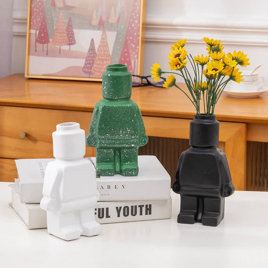 Quirky Lego Robot Ceramic Flower Vase Indoor Pot Gaming Decoration - 3 Colours