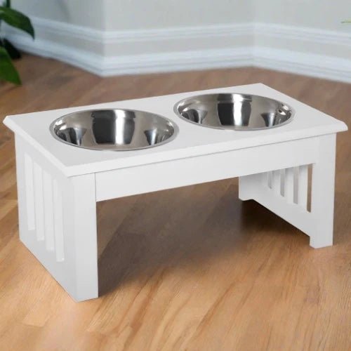 Raised Double Pet Feeder Cat Dog Stainless Steel Food Water Bowls - White