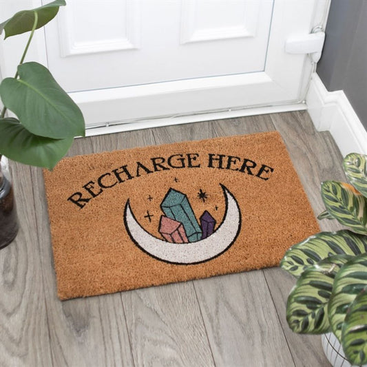Recharge Here Crystal Moon Design Natural Coir Doormat