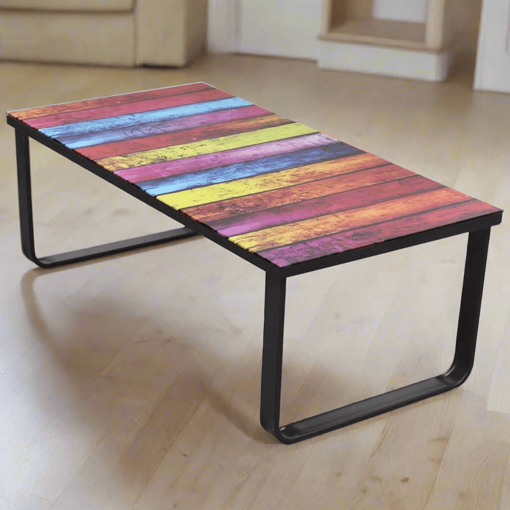 Rectangular Coffee Table with Tempered Glass Top - Rainbow Stripes