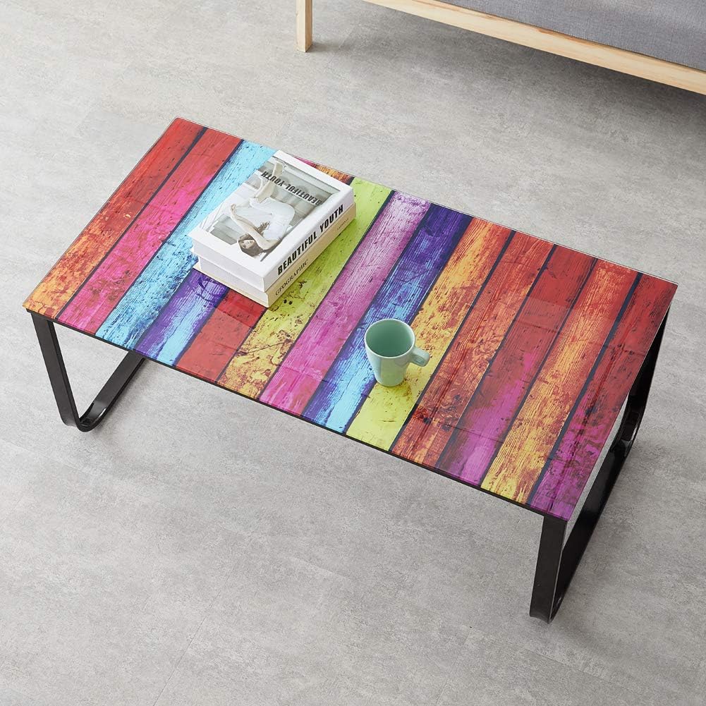 Rectangular Coffee Table with Tempered Glass Top - Rainbow Stripes