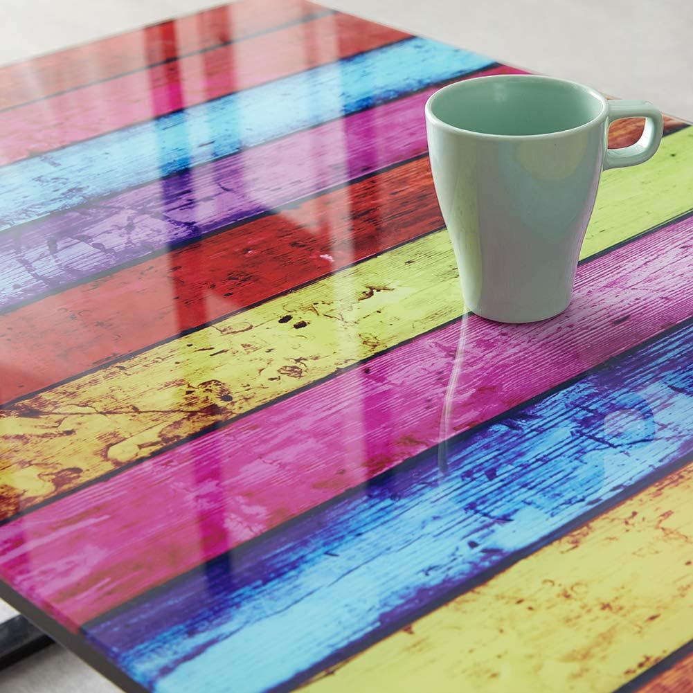 Rectangular Coffee Table with Tempered Glass Top - Rainbow Stripes