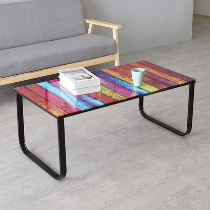 Rectangular Coffee Table with Tempered Glass Top - Rainbow Stripes