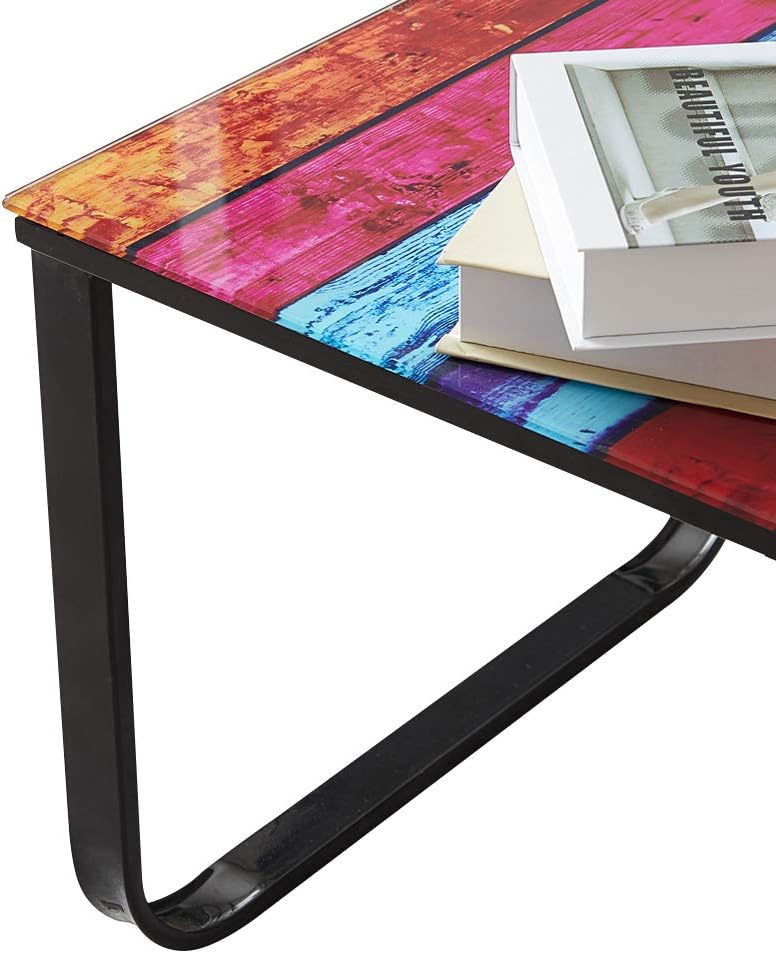 Rectangular Coffee Table with Tempered Glass Top - Rainbow Stripes