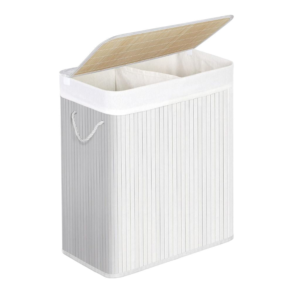 Rectangular Bamboo Laundry Basket with Lid and Divider - White
