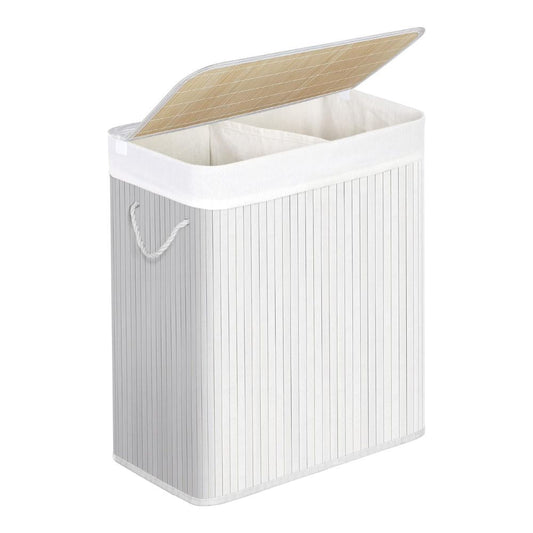 Rectangular Bamboo Laundry Basket with Lid and Divider - White