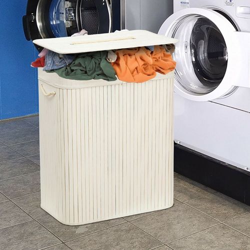 Rectangular Bamboo Laundry Basket with Lid and Divider - White