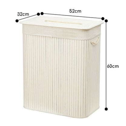 Rectangular Bamboo Laundry Basket with Lid and Divider - White