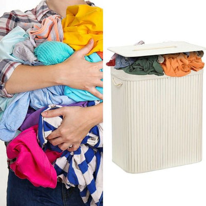 Rectangular Bamboo Laundry Basket with Lid and Divider - White