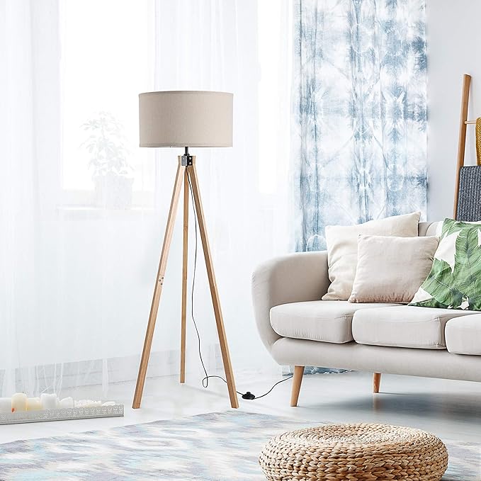 Rubber Wood Cylinder 5ft Tripod Floor Lamp - Cream Beige
