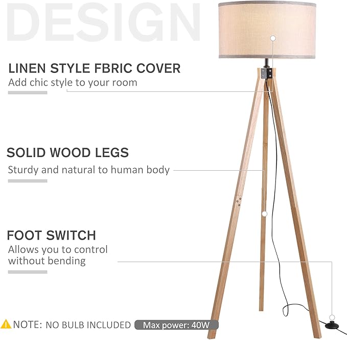 Rubber Wood Cylinder 5ft Tripod Floor Lamp - Cream Beige
